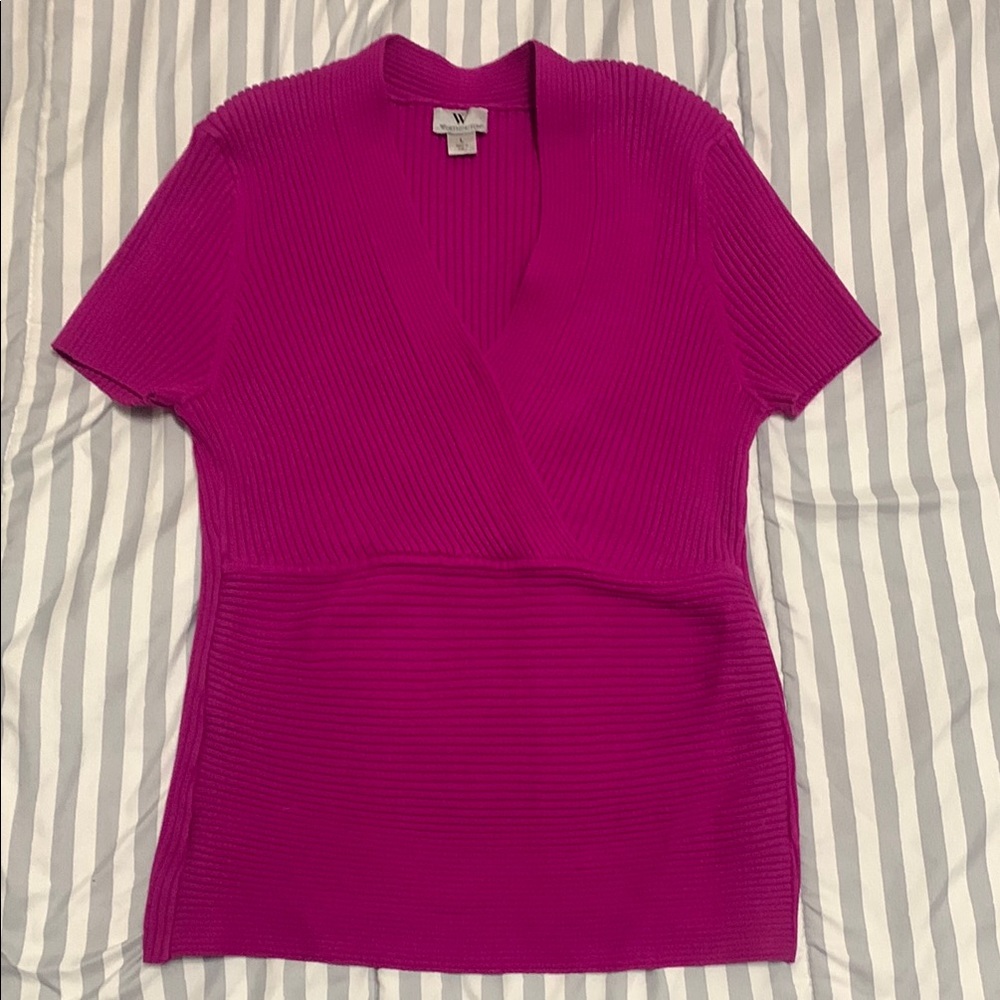 Worthington Magenta Ribbed V-Neck Blouse